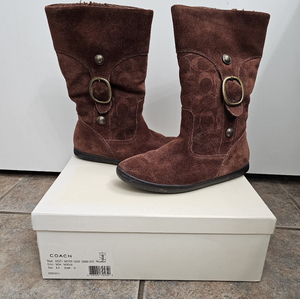 Coach Brown Winter Rain Boots with Suede Material and Flat Sole